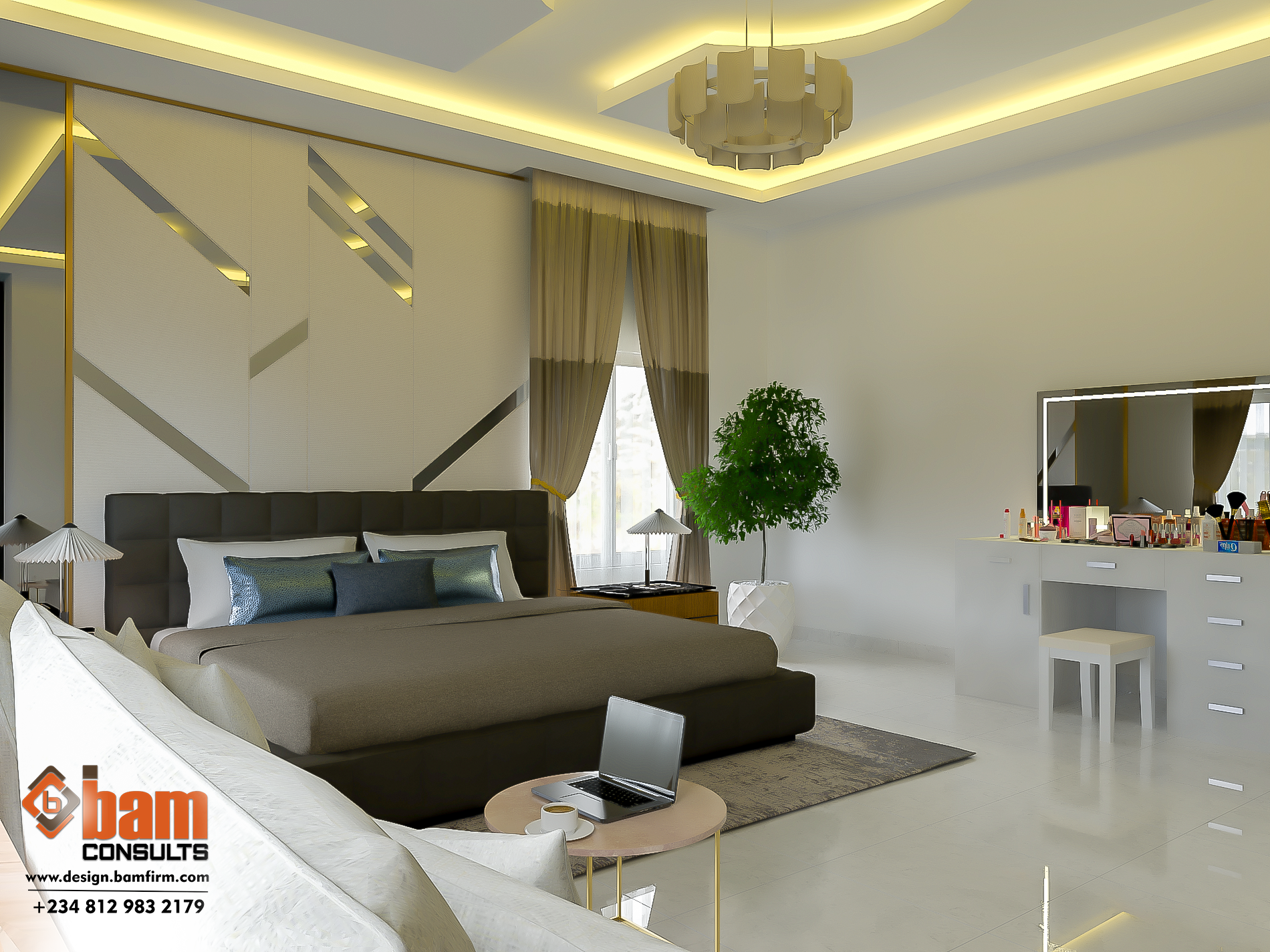 Modern bedroom interior with neutral tones and furniture Modern bedroom interior with neutral tones and furniture