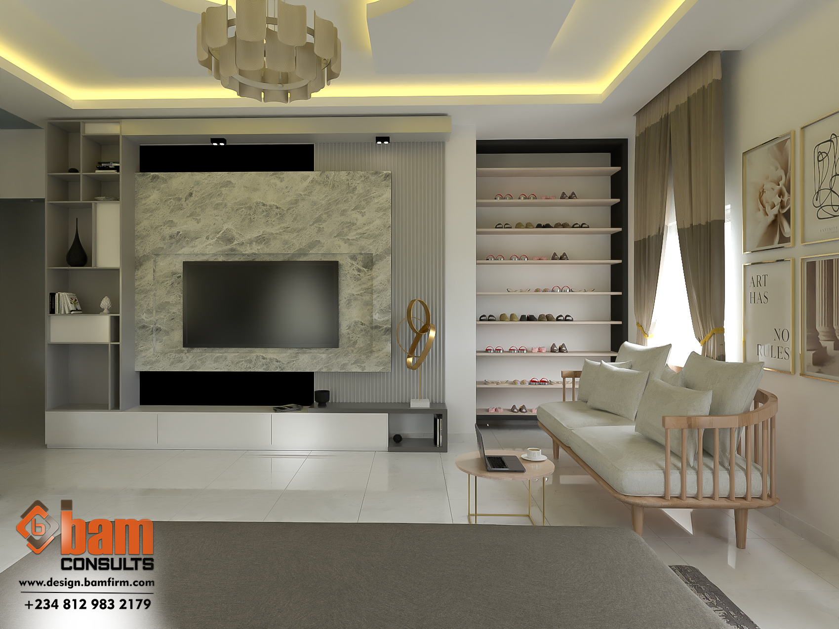 Modern bedroom interior with neutral tones and furniture Modern bedroom interior with neutral tones and furniture